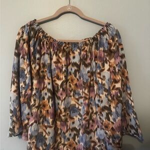 Boho Off-Shoulder Floral Blouse in Blue, Pink & Brown